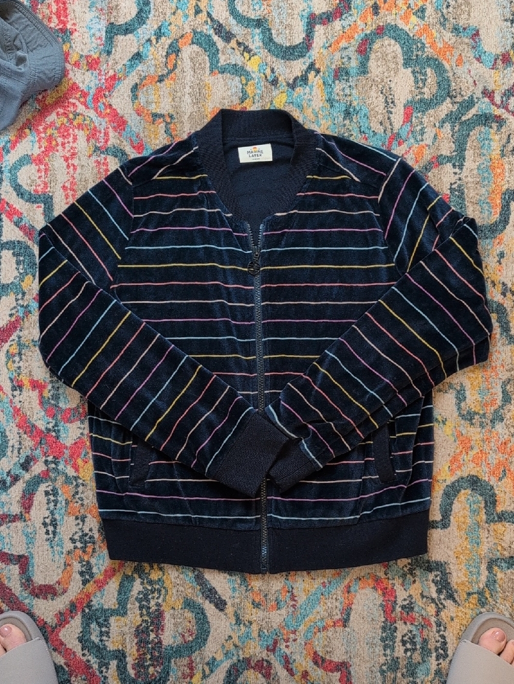 Marine Layer Auckland Velour Navy and Rainbow Striped Bomber Jacket Medium